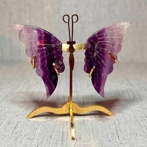 Fluorite Crystal Butterfly Wings on Gold Stand